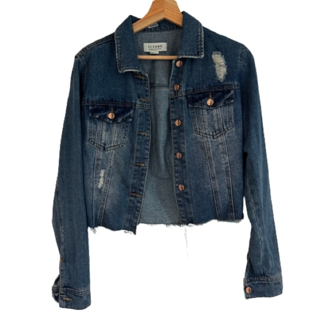 CiSono Distressed Dark Wash Denim Jean Jacket